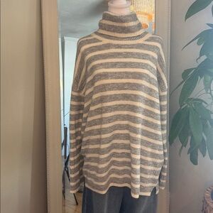 LOFT Gray and Cream Striped Turtleneck Sweater